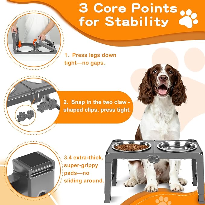 Elevated Dog Bowls with 2 Thick 50oz Stainless Steel Food Bowls, Raised Stand Adjusts to 5 Heights(3.9", 8.8", 10.4", 11.9", 13.4") for Medium and Small Dogs, Grey