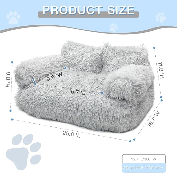 Cat Bed for Indoor Cats, Washable Pet Couch Furniture, Puppy Sleeping Nest Dog Sofa Bed for Medium Cat & Small Dogs, Plush Gray, 26" Lx18 Wx12 Th (for 20lbs Cats)