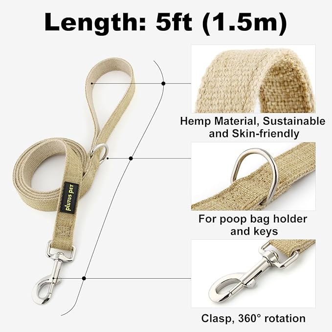 Plutus Pet Cotton Hemp Dog Collar and Leash Set, Adjustable Collar for Small, Medium, and Large Dogs, Heavy Duty and Soft on Skin, Khaki, XS