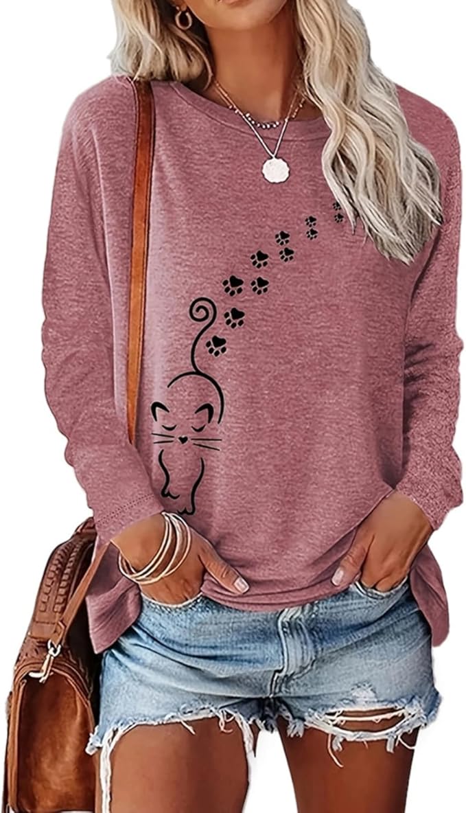 Women's Long Sleeve tees Cat Mom Graphic Tee Shirts Womens Graphic t Shirts Pullover Tops