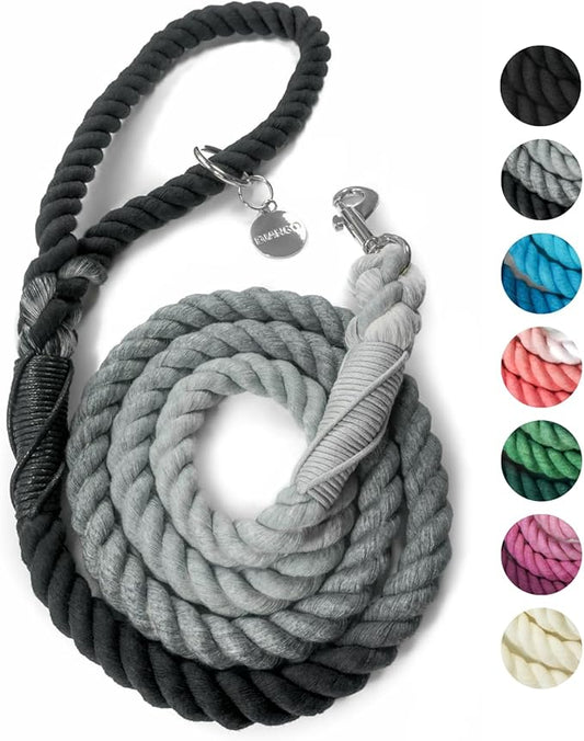 DJANGO Cotton Rope Dog Leash 5ft – Handcrafted Dog Leash and Black Ombre Braided Leash for Small, Medium, and Large Dogs – Stylish Durable 5 Foot Training Lead with Silver Hardware – Poppy Seed Gray