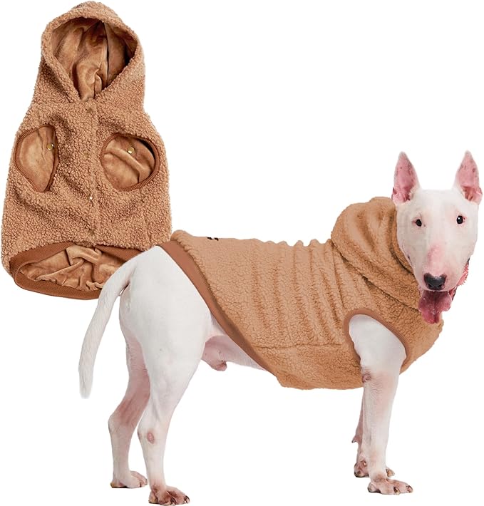 Spark Paws Fleece Dog Jacket, Hooded Sweater Vest, Warm Coat for Winter - Suitable for Small Medium Large XL XXL Breeds - Brown - 3XL