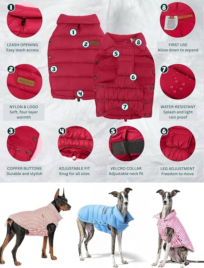 SPACE LION Dog Puffer Jacket, Down Winter Coat, Durable Outdoor Coat for Cold and Windy Conditions, Lightweight & Adjustable Fit Coats for Medium & Large Dogs, (Red, Size20/XL)