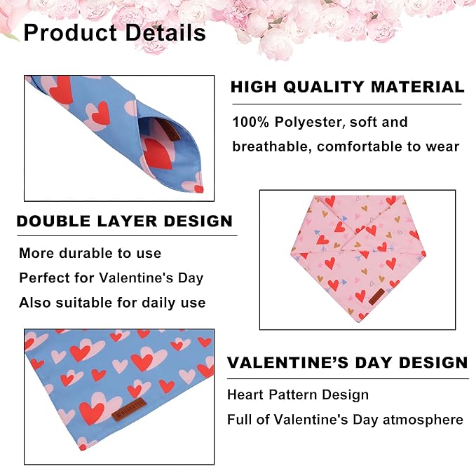 ADOGGYGO Valentine Dog Bandana, Blue Pink Heart Pet Scarf, Premium Durable Fabric, Adjustable Fit Pet Valentine Bandanas for Medium Large Dogs (Large)
