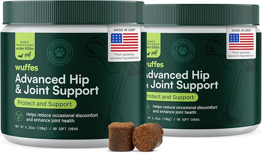 Wuffes Advanced Dog Hip and Joint Supplement with Glucosamine, Chondroitin, Omega 3, MSM, and Green Lipped Mussel, 120 Pork Flavored Chews for Small Dog Breeds