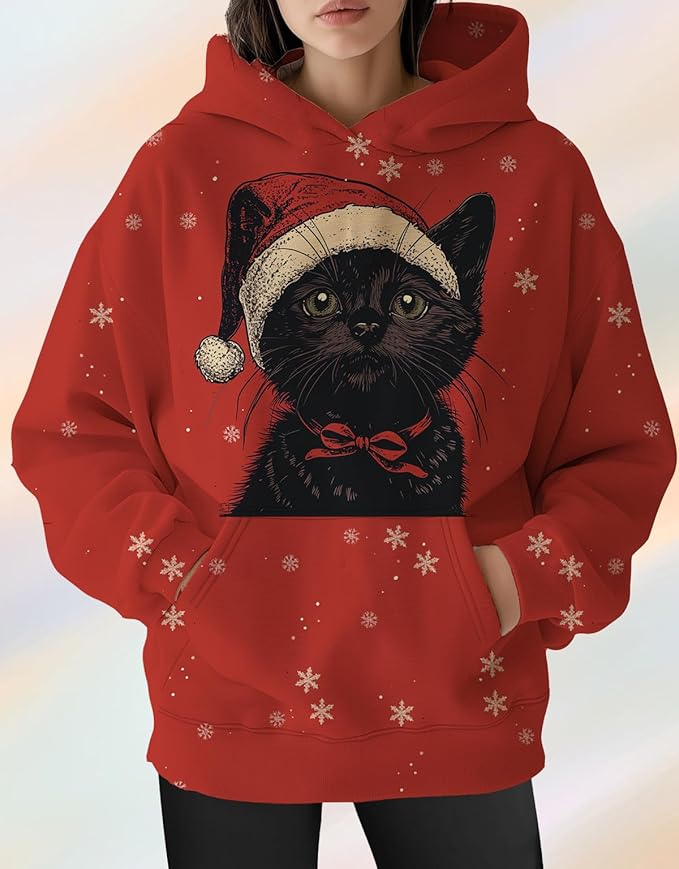 Womens Cat Print Hoodies Trendy Funny Cat Graphic Long Sleeve Sweatshirt Y2k Streetwear Hooded Pullover Tops
