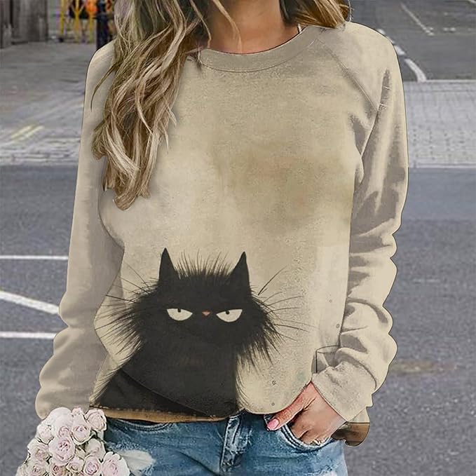 Biacolum Long Sleeve Shirts for Women Mid Century Retro Style Atomic Cat 3D Graphic Sweatshirts Fall Crewneck Pullover Top