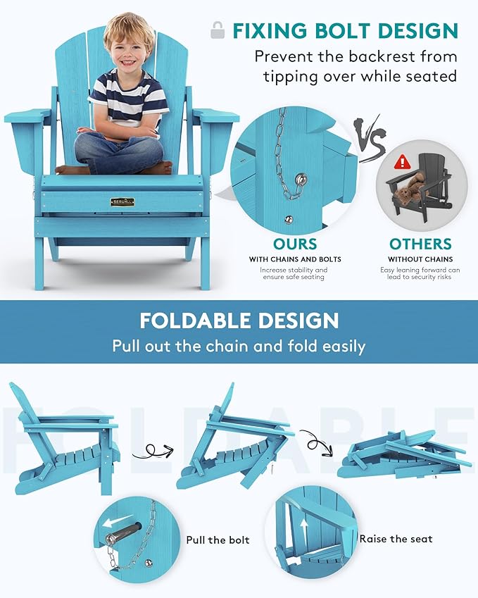 SERWALL Folding Adirondack Chair Weather Resistant Patio Chair Outdoor Chairs Set of 8 Painted Adirondack Chairs - Light Blue