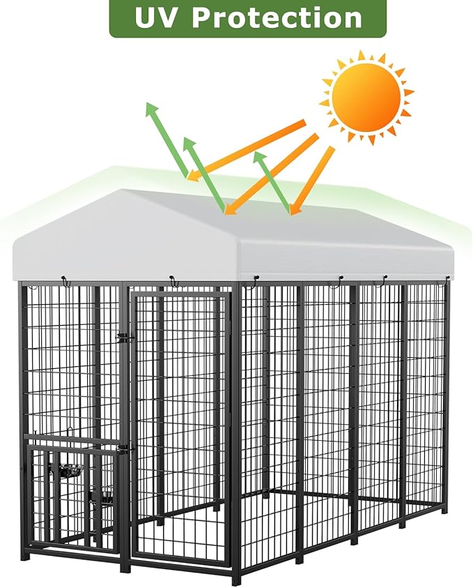 ROOMTEC Heavy Duty Outdoor Dog Kennel with Rotating Bowls, 8 x 4 x 5.6-ft