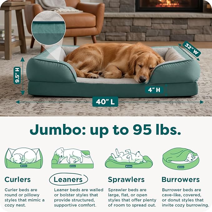 FurHaven Cooling Gel Dog Bed for Large Dogs, Comfort Sofa Bed with Cool Gel-Top Foam and a Solid Orthopedic Foam Base for Joint Support, Washable Cover, Jumbo/XL, Plush & Velvet, Celadon Green