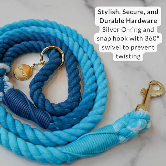 DJANGO Cotton Rope Dog Leash 5ft – Handcrafted Dog Leash and Blue Ombre Braided Leash for Small, Medium, Large Dogs – Durable 5 Foot Training Lead with Gold Hardware and Whipped Ends – Pacific Blue