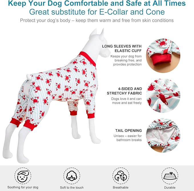 LovinPet Dog Sweatshirts for Large Dogs, Anxiety Calming Dog Pajamas, Light Blue Stripe Whale, Crab Print, Onesies for Dogs, Pitbull Clothes,Pajamas for Pitbulls,2XL