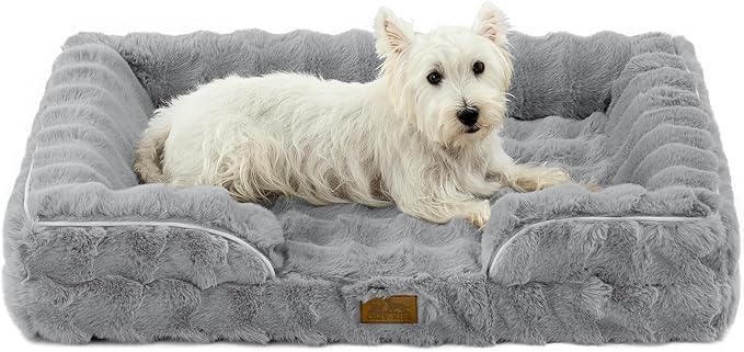 Faux Fur Orthopedic Dog Bed, Pet Couch for Medium Dog, Big Supportive Foam Bolster Sofa with Waterproof Lining Cover, Anti-Slip, Soft, Warm, Washable, C-Shaped, L 36x27x6.5 inch, Grey