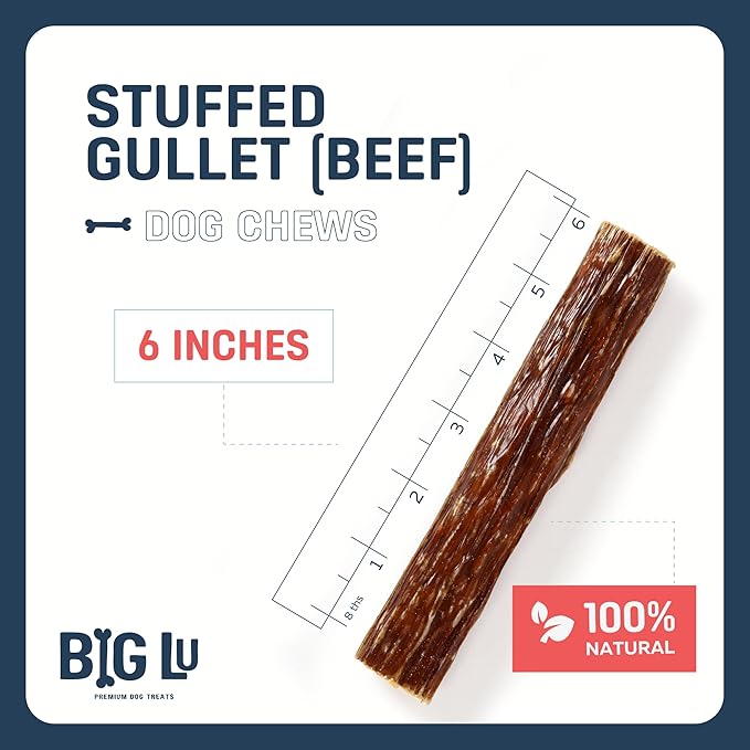 Big Lu - 6-Inch Stuffed Beef Jerky Sticks for Dogs, 20 Count, Premium All-Natural Gullet Chews, High-Protein, Easily Digestible, Supports Dental Health and Joint Mobility