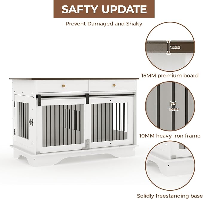Large Dog Furniture Crate, 47 in Furniture Style Dog Crate with Removable Divier for Large/Medium/Small Dogs，White&Brown