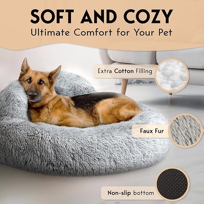 PetJett Calming Dog Beds Large Sized Dog - 36'' Round Bed, Anti-Slip & Washable Super Soft Donut Bed, Fluffy Faux Fur Anti-Anxiety Premium Comfort Pet Bed, Fits Dogs up to 100 lbs - Bright Grey