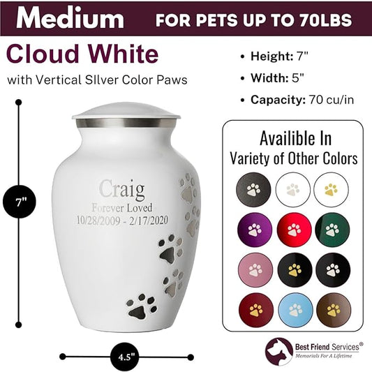 Pet Urn for Dogs and Cats with Personalized Laser Engraving, Ottillie Paws Premier Series Memorial Urns (Medium Cloud White with Vertical Pewter Paws)