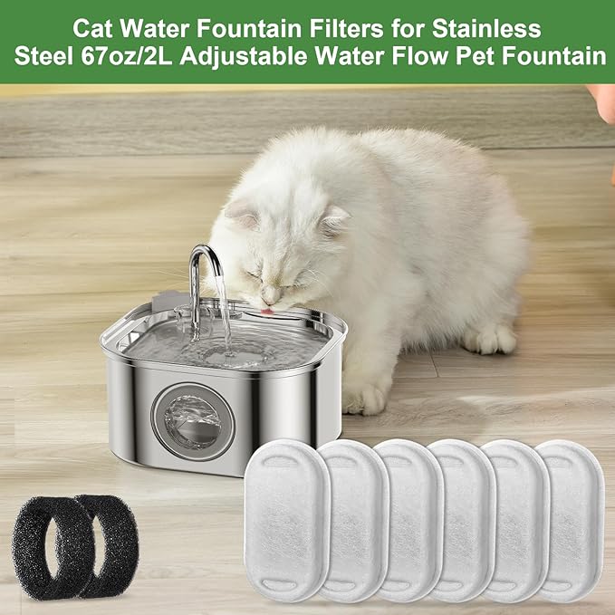 Cat Water Fountain Filters & Sponges, 8 Pack Replacement Filters for Stainless Steel 67oz/2L Adjustable Flow Pet Fountain