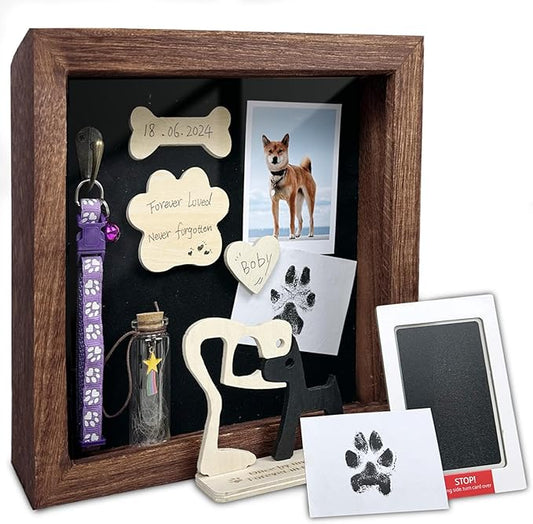 Dog Memorial Shadow Box Gift Pet Memory Display Case Wooden Picture Frame Pet Paw Ink Kit Glass Fur Jar Pets Keepsake Holder for Passed Away Dogs Cats idea Gifts for Pet Lover (Brown Dog Frame)