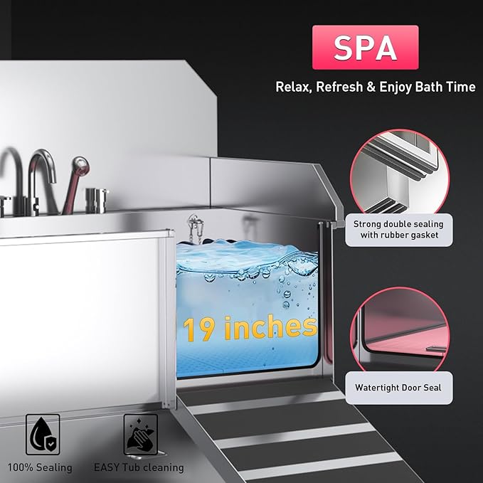 Dog Washing Station – 61 inch Professional 304 Stainless Steel Grooming Tub w/Ramp, Drawer, Faucet & Floor Grate, Dog Bathing Station for Large, Medium & Small Pets, 19" Leak-Proof Deep Soak