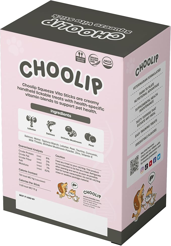Choolip Squeeze Vita Stick Lickable Cat and Dog Treats – 49-Count Liver Support Sticks with Multivitamins, Soft Squeezable Paste for All Life Stages, Supporting Liver Health - Box with 7 Pouches