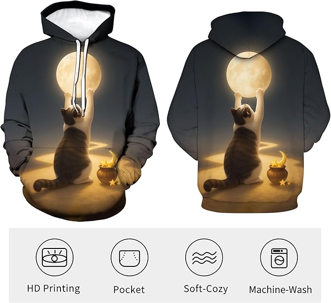 Blissboy Novelty Long Sleeve Hoodie Funny Cat Print Sweatshirts
