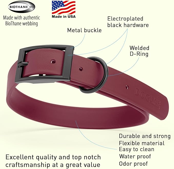 Dogline Biothane Coated Webbing Dog Collar with Black Metal Hardware: Durable Easy-Clean Everyday Collar for Dogs - Comfortable Adjustable Odor-Resistant Pet Collar, W1 x L22-25", Merlot Burgundy