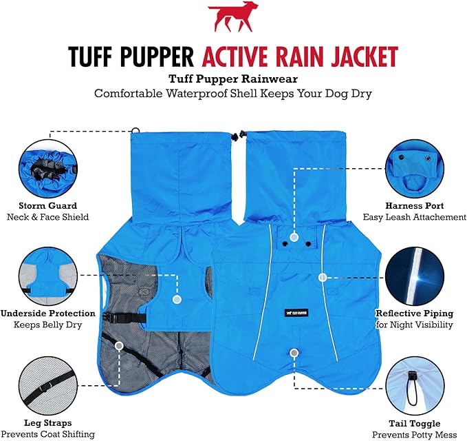 Tuff Pupper Waterproof Dog Raincoat | Full-Body Windproof Rain Jacket for Dogs | Reflective Strips | Breathable Mesh Lining | Adjustable Fit | Leash Port | Small Medium Large XL XXL Dogs (Blue, M)