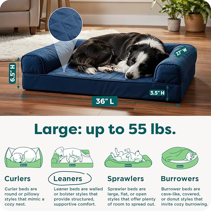 FurHaven Classic Sofa Orthopedic Dog Bed for Large Dogs with Orthopedic Egg Crate Memory Foam for Joint Support, Removable Washable Cover, Large, Quilted Sofa, Navy (Blue)