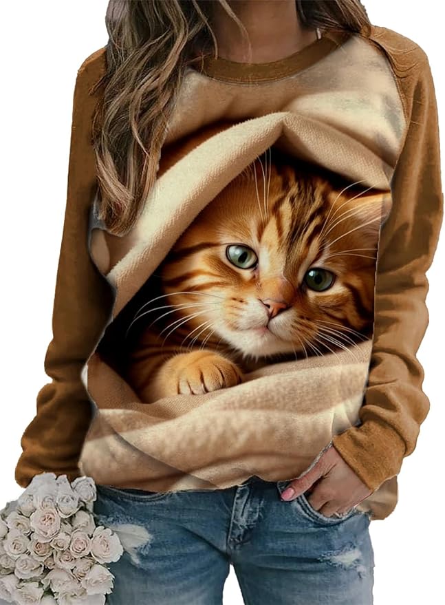 IVERIRMIN Womens 3D Cat Crewneck Sweatshirts Casual Cute Long Sleeve Shirts Pullover Tops Graphic Loose Fit Sweater for Women
