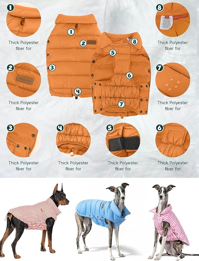 SPACE LION Dog Puffer Jacket, Down Winter Coat, Durable Outdoor Coat for Cold and Windy Conditions, Lightweight & Adjustable Fit Coats for Medium & Large Dogs, (Orange, Size 16 Gift Box)