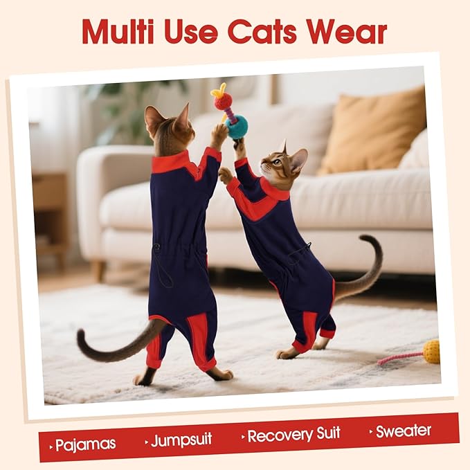 DENTRUN Cat Clothes with Anti-Shedding Fabric - Soft Recovery Suit & Breathable Lint-Resistant Cat Sweater for Wound Care & Hair Control, Kitten Onesie Pajamas, XXL, Dark Blue