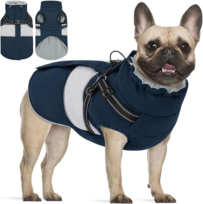 KOESON Dog Coat, Warm Dog Winter Jacket with Harness Built-in for Easy Walk, Fleece Lined Cold Weather Coat for Medium Dogs, Waterproof Puffer Jacket for French Bulldog, Corgi, Beagle, Navy Blue M