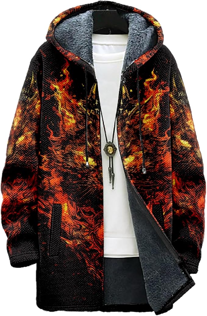 MARSVOVO Cool Hippie Long Cardigan Hoodies for Men Zipper Fleece Lined Knit Coat Skull Animal Print Graphic Jackets
