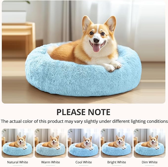 JOLLYVOGUE Small Dog & Cat Beds for Indoor Cats, Donut Cuddler Warming Soft Dog Beds with Anti-Slip Bottom, Round Calming Fluffy Plush Faux Fur Cushion Bed for Small Dogs (23", Light Blue)