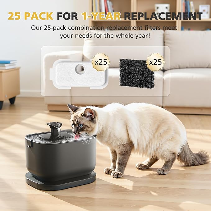 50 Pack PLWF115 Replacement Filters for Dockstream Cat Water Fountain PLWF005 PLWF115 PLWF105, 12 Months Set of Replacement Filters, 25 Filter and 25 Sponges
