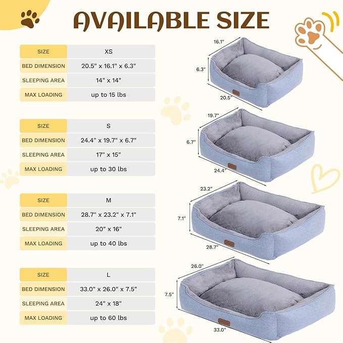 Rectangle Dog Bed for Large Medium Small Dogs Washable Pet Bed with Bolster Sides Non-Slip Bottom Pet Sofa Waterproof Lining Durable Pet Cuddler, Sky Blue, 33x 26x 7.5