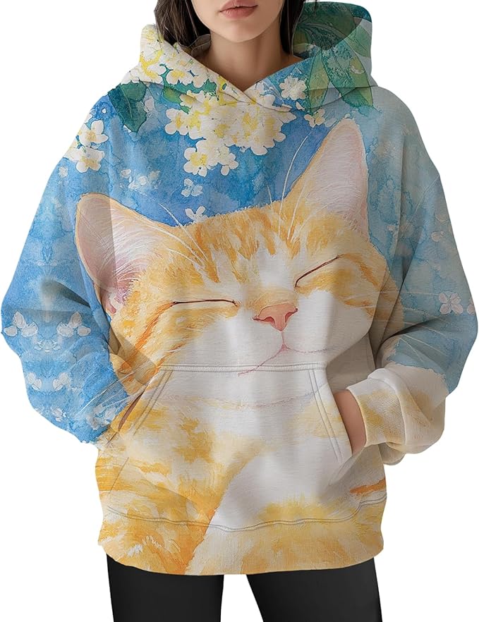 Womens Funny Cat Hoodies Oversized Graphic Hooded Sweatshirt for Women Fall Plus Size Pullover Hoodie Y2K