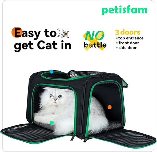 Quick-in Pet Carrier Bag for Cats & Dogs. Airy Mesh Windows Let Fur-Kids See You Reduce Anxiety & Breath Easy. Rip-Stop Fabric & Lockable Zips Hug Securely. Washable Comfy Pad. Collapsible