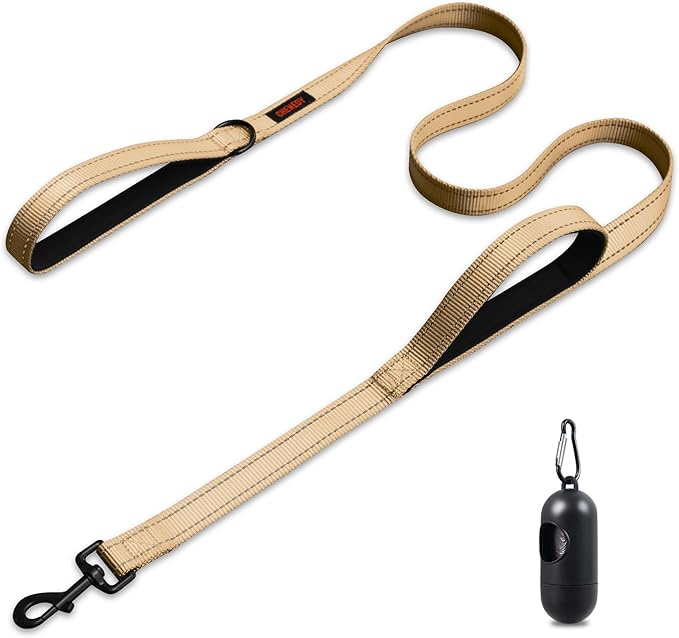 Heavy Duty Double Handle Leash - Reflective Training Lead for Large Breed Dogs (6FT Khaki)