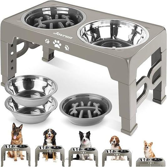 Elevated Dog Bowls, Dog Feeder with Stainless Steel Dishes & Slow Feeder Bowl, 5 Heights Adjustable Raised Stand for Medium Large, Food Dishes with Non-Slip Feet