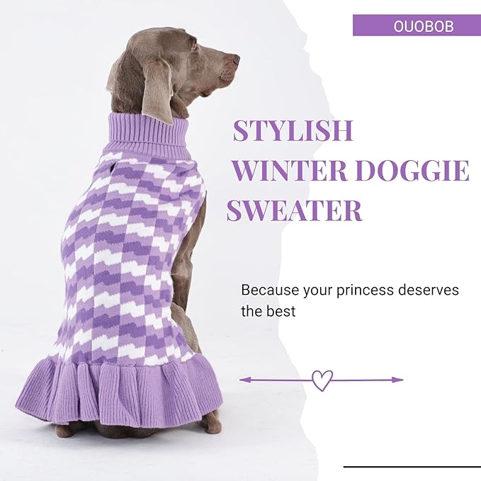 Dog Sweaters for Extra Large Dogs Girl, Dog Sweater Dress with Leash Hole, Thick Turtleneck Knitwear for Female Dogs, Warm Fall Winter Dress for Cold Weather, Holiday - Purple XXXXXL