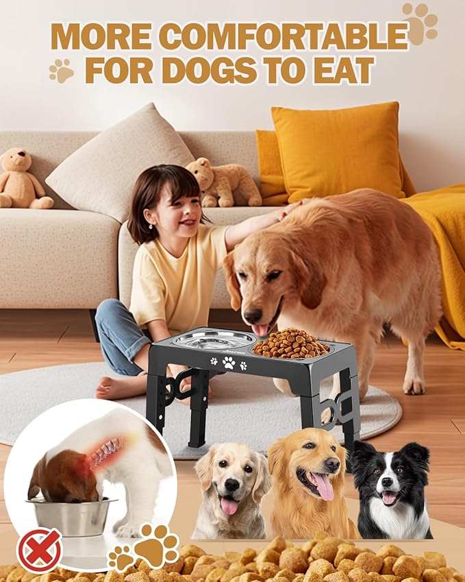 Elevated Dog Bowls, Dog Feeder with Stainless Steel Dishes & Slow Feeder Bowl, 5 Heights Adjustable Raised Stand for Medium Large, Food Dishes with Non-Slip Feet