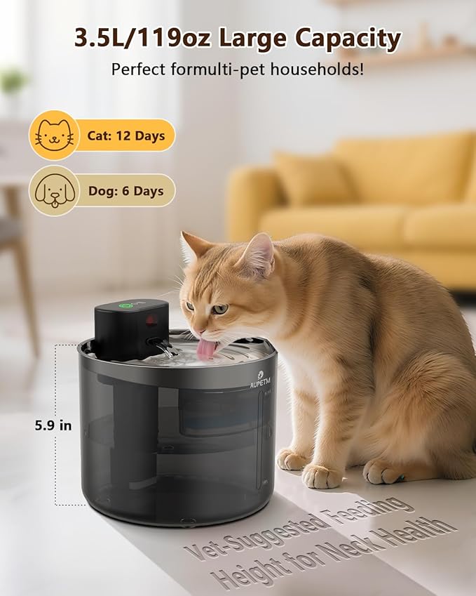 Cordless Cat Water Fountain, 3.5L/119oz Wireless Pet Fountain with Stainless Steel Tray, 60-Day Battery, Motion Sensor & Timer, Cat/Dog Water Bowl Dispenser - Ultra Quiet 6-Stage Filtration