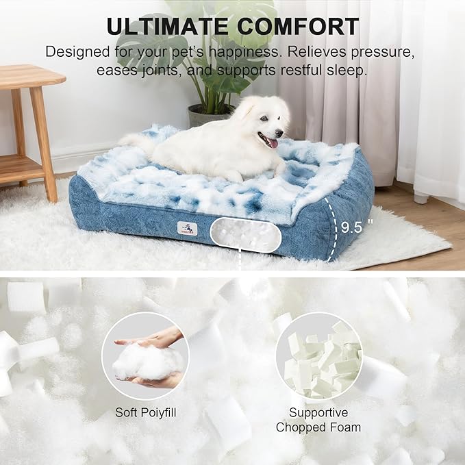 Orthopedic Dog Bed for Large Dogs - 42" Faux Fur Pet Couch with Removable Washable Cover, Nonskid Bottom, Supportive Foam, Comfortable Dog Sofa Bed for Medium Large Dogs, Tie-Dyed Blue