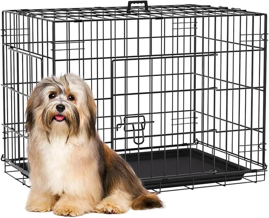 FDW Dog Crate 24-Inch Dog Cage Single Door Foldable Metal Kennel with Leakproof Tray Foldable Design Indoor Outdoor Use for Small Dogs,Dark Black