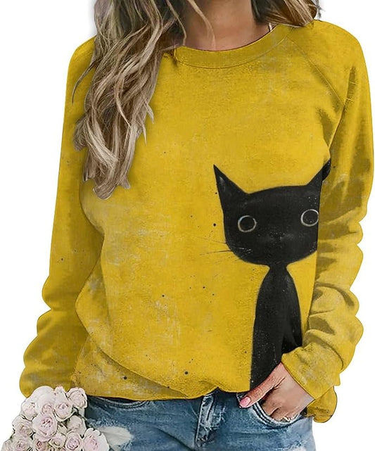 Biacolum Long Sleeve Shirts for Women Mid Century Retro Style Atomic Cat 3D Graphic Sweatshirts Fall Crewneck Pullover Top