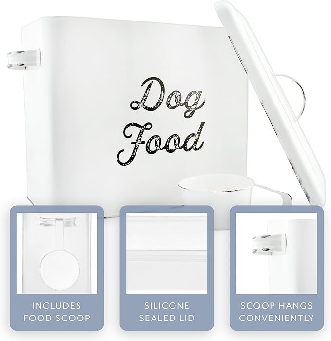 AuldHome Design Rustic Dog Food Canister, White Farmhouse Style Storage Bin for Small Dogs