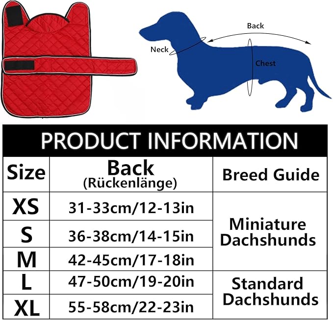 Geyecete Warm Thermal Quilted Dachshund Coat, Dog Winter Coat with Warm Fleece Lining, Outdoor Dog Apparel with Adjustable Bands for Medium, Large Dog-Red-S