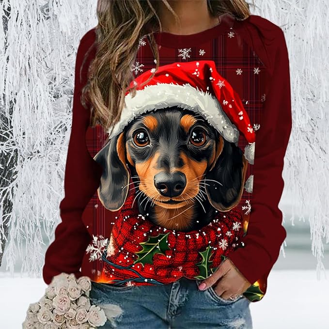 Womens Ugly Christmas Sweatshirt Funny Cat Dog Printed Xmas Pullover Shirts Crewneck Long Sleeve Graphic Hoodies